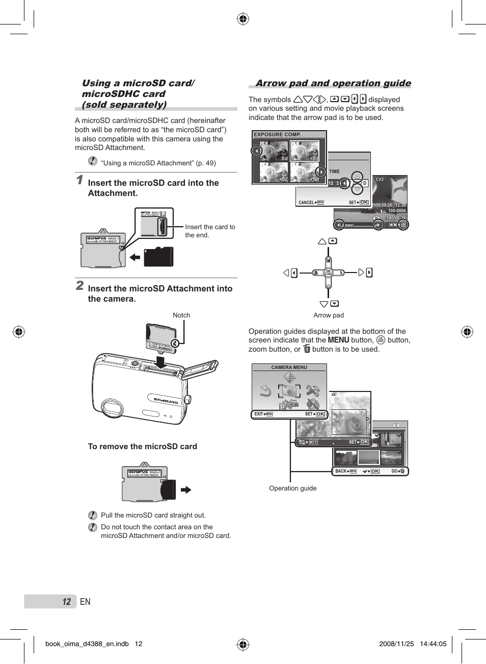 Arrow pad and operation guide, Insert the microsd card into the attachment, Insert the microsd attachment into the camera | Olympus STYLUS-550WP User Manual | Page 12 / 70