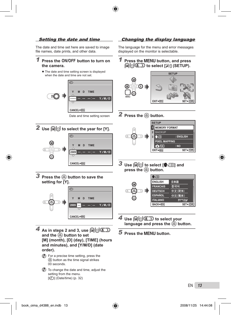 13 en setting the date and time, Changing the display language | Olympus STYLUS-550WP User Manual | Page 13 / 70