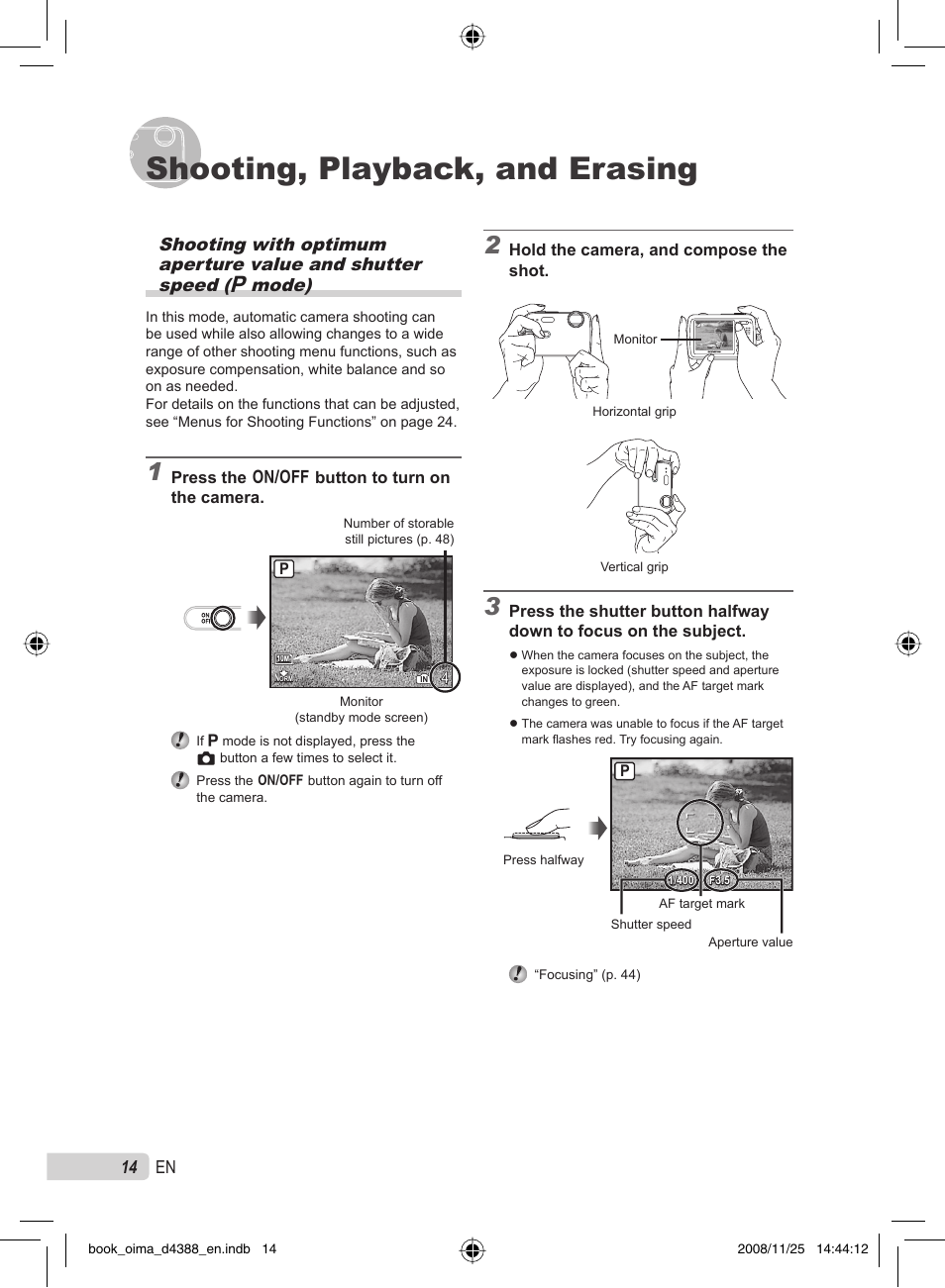 Shooting, playback, and erasing, 14 en | Olympus STYLUS-550WP User Manual | Page 14 / 70