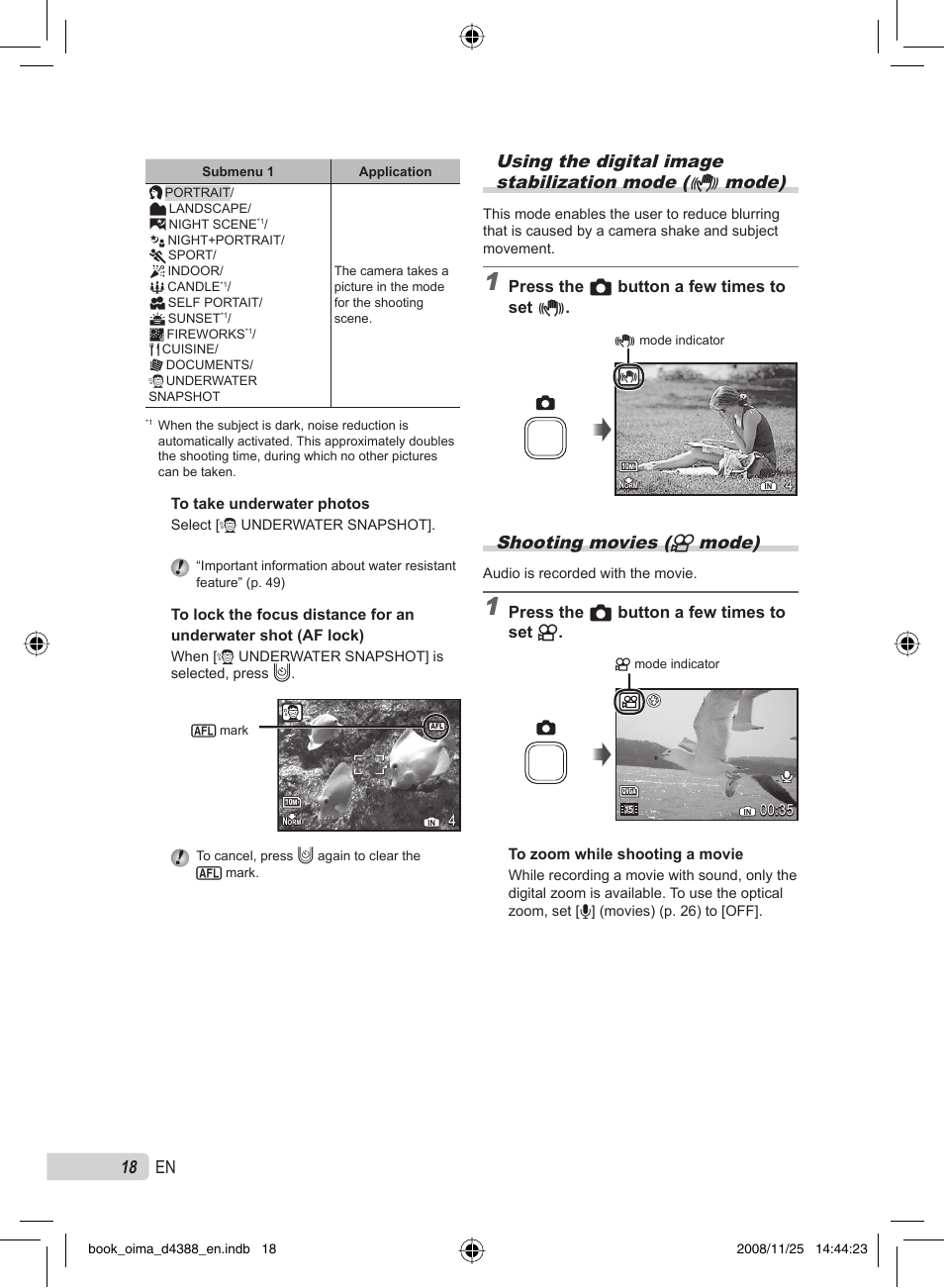 Shooting movies (n mode), Press the k button a few times to set h, Press the k button a few times to set n | Olympus STYLUS-550WP User Manual | Page 18 / 70