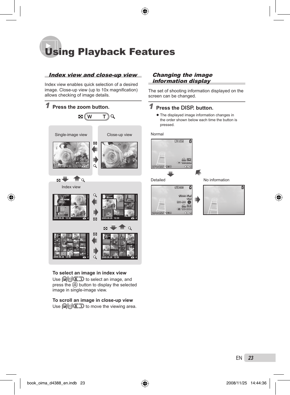 Using playback features, 23 en, Index view and close-up view | Changing the image information display, Press the zoom button, Press the g button, Use abcd to move the viewing area, Index view single-image view close-up view, Normal detailed no information | Olympus STYLUS-550WP User Manual | Page 23 / 70
