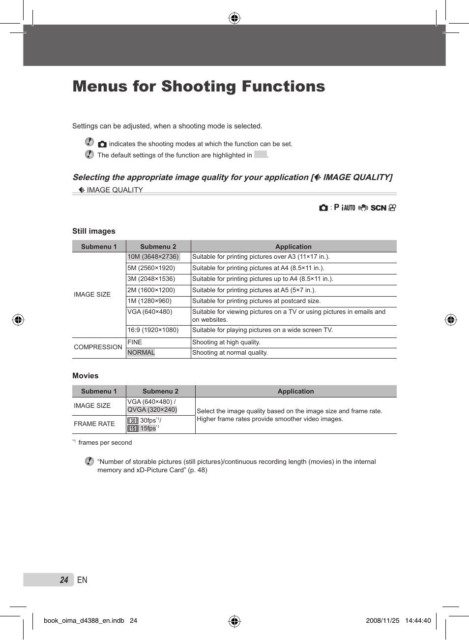 Menus for shooting functions, 24 en | Olympus STYLUS-550WP User Manual | Page 24 / 70