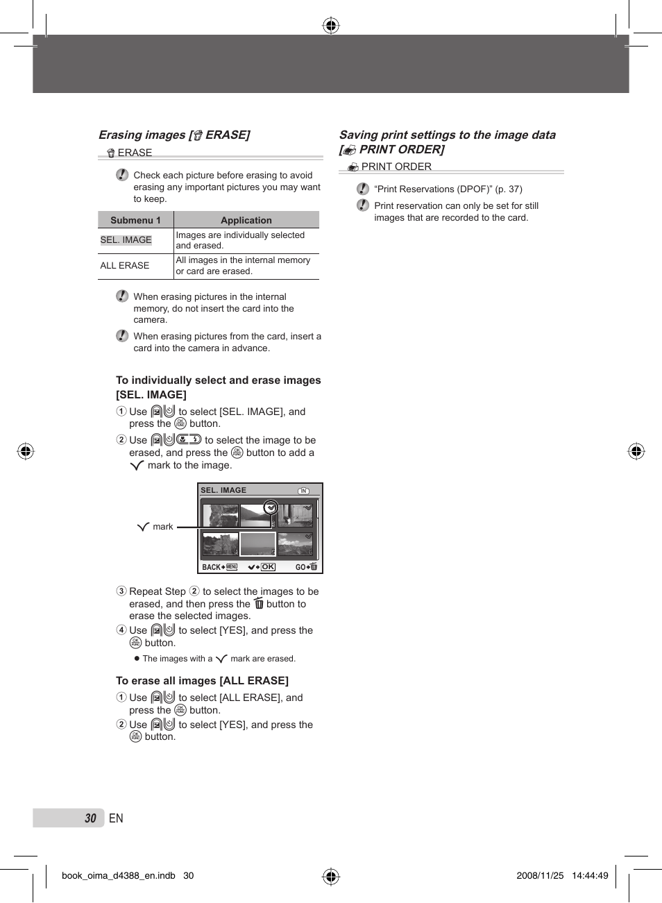30 en, Erasing images [ k erase | Olympus STYLUS-550WP User Manual | Page 30 / 70