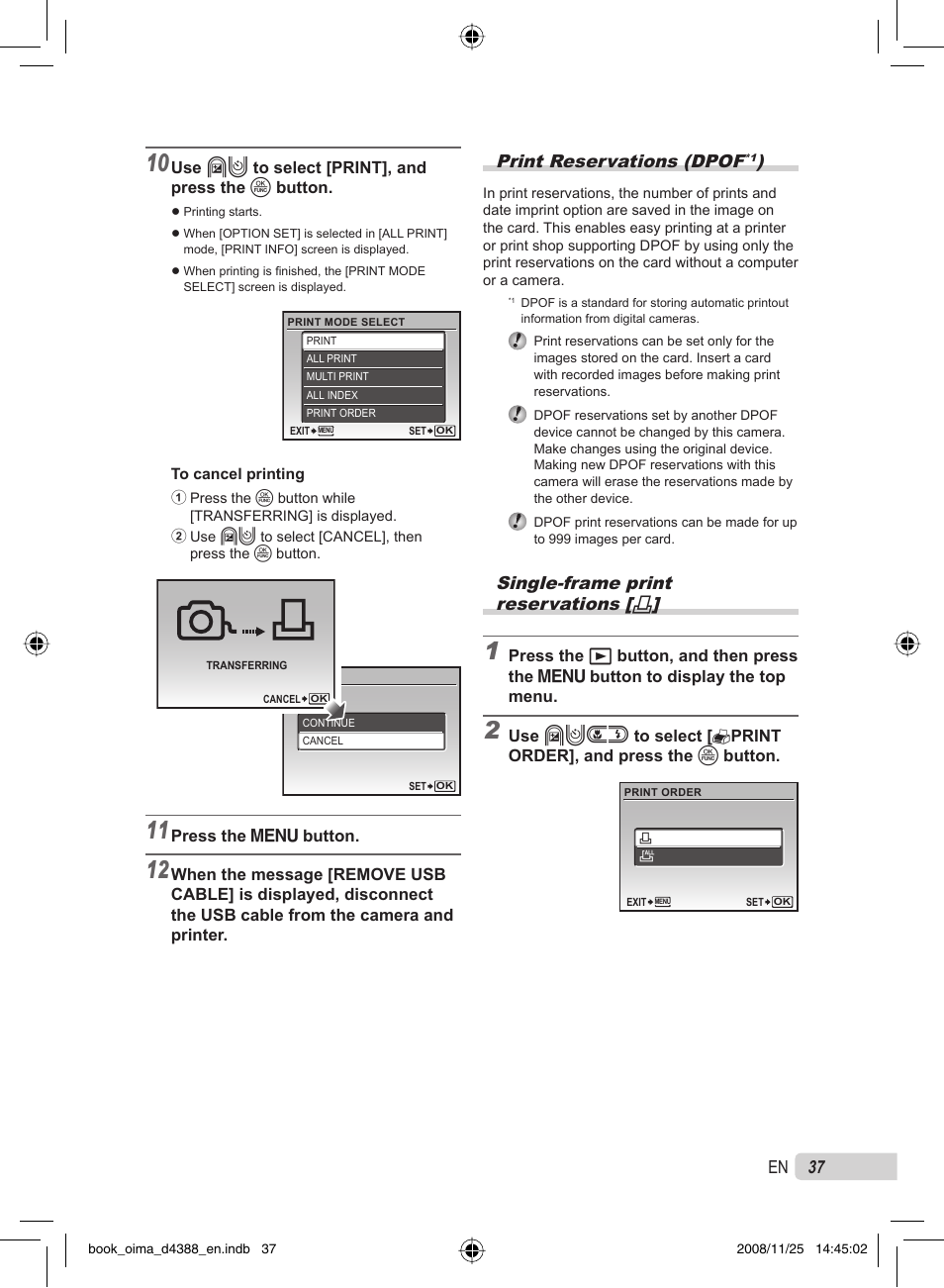 37 en, Print reservations (dpof, Single-frame print reservations | Olympus STYLUS-550WP User Manual | Page 37 / 70