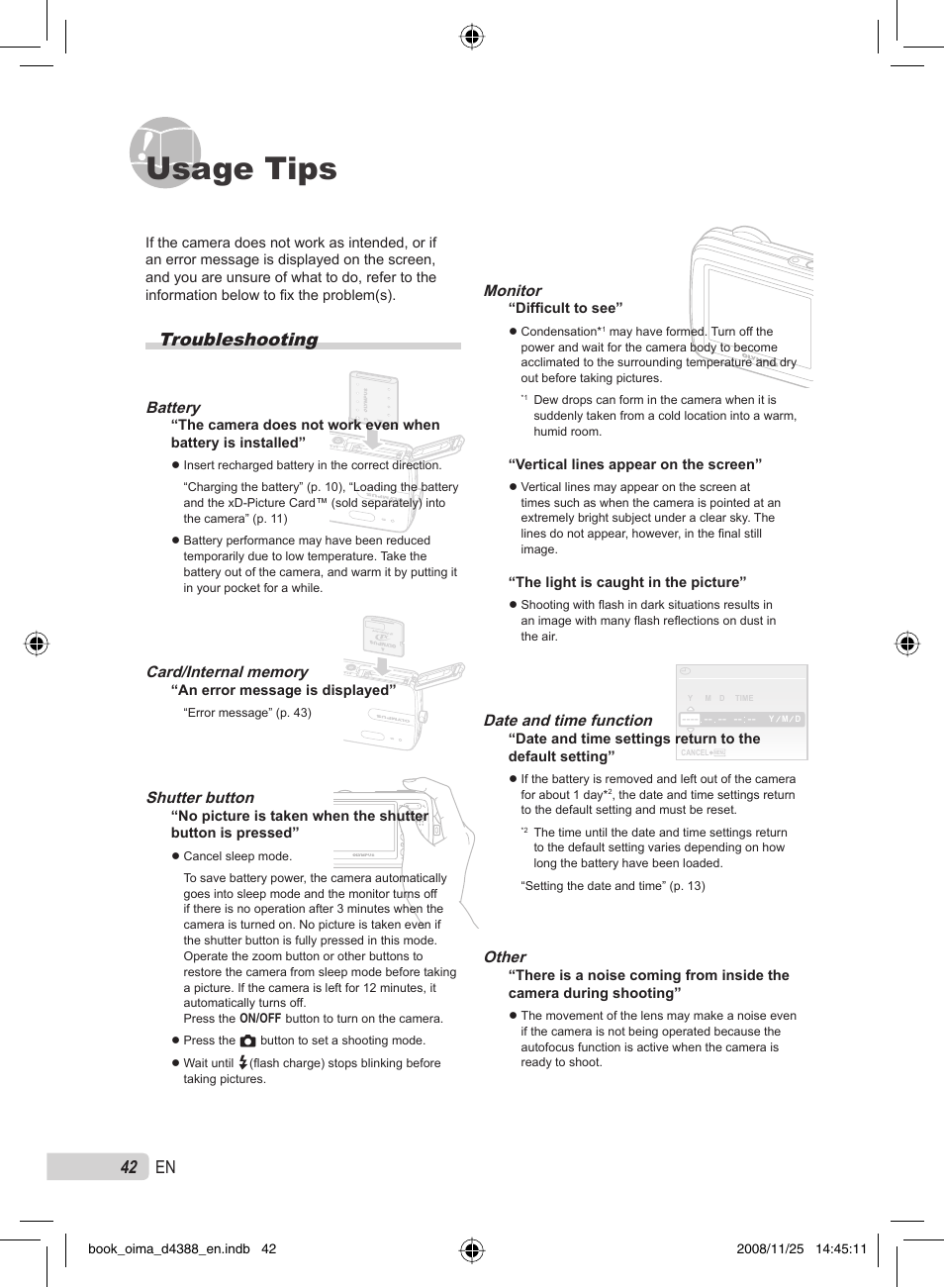 Usage tips, 42 en, Troubleshooting | Olympus STYLUS-550WP User Manual | Page 42 / 70