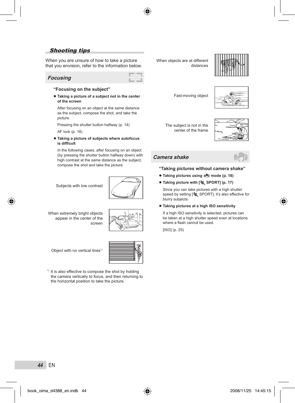 44 en shooting tips, Focusing, Camera shake | Olympus STYLUS-550WP User Manual | Page 44 / 70