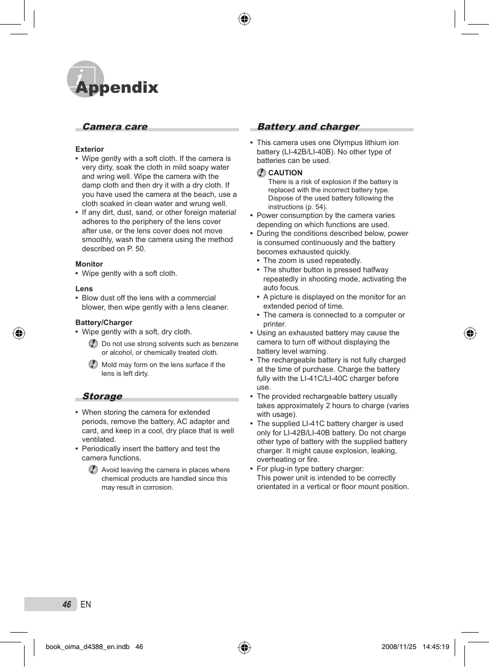 Appendix, 46 en, Battery and charger | Camera care, Storage | Olympus STYLUS-550WP User Manual | Page 46 / 70