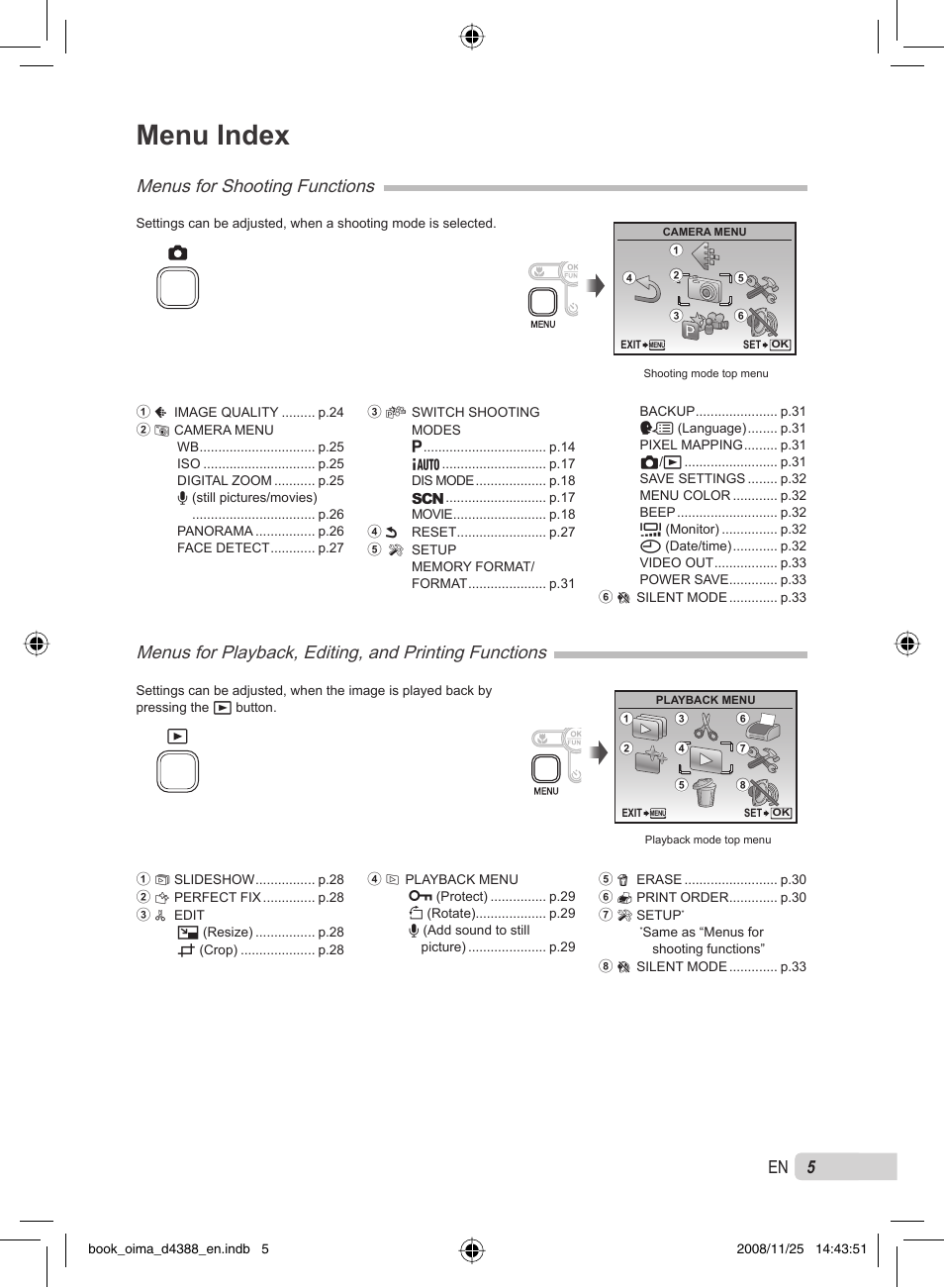 Menu index, 5en 5, Menus for shooting functions | Olympus STYLUS-550WP User Manual | Page 5 / 70