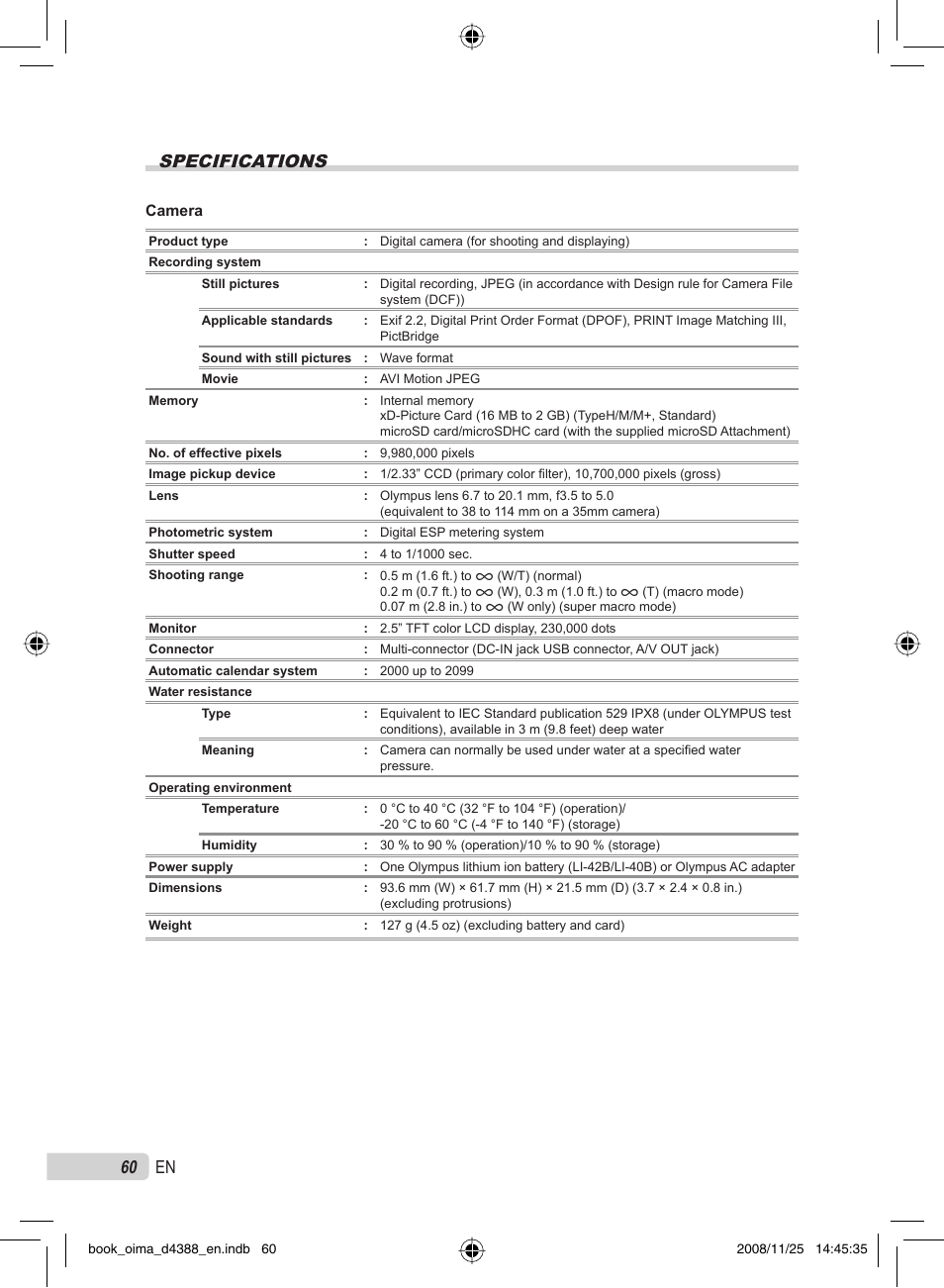 60 en specifications | Olympus STYLUS-550WP User Manual | Page 60 / 70