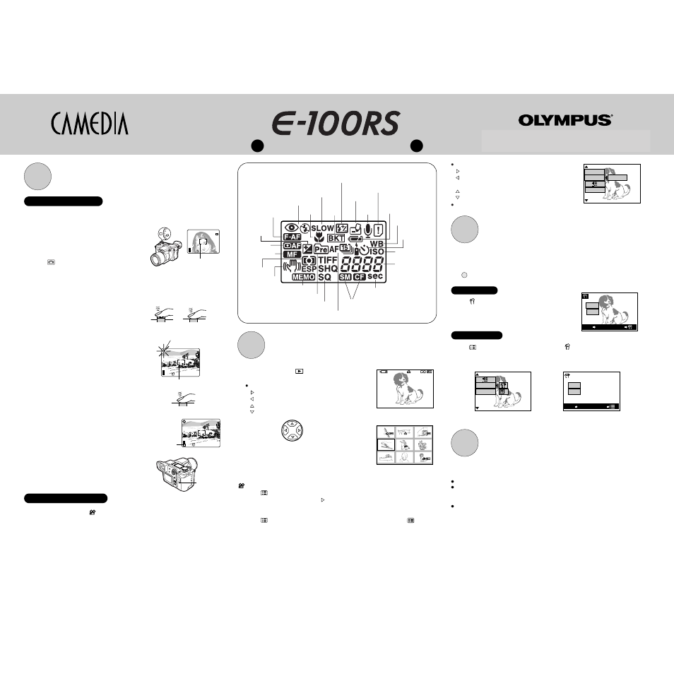 Quick-start guide, Taking pictures, Playing back pictures | Erasing pictures, Turning off the power, Taking still pictures, Taking movie pictures | Olympus E-100 RS User Manual | Page 2 / 2