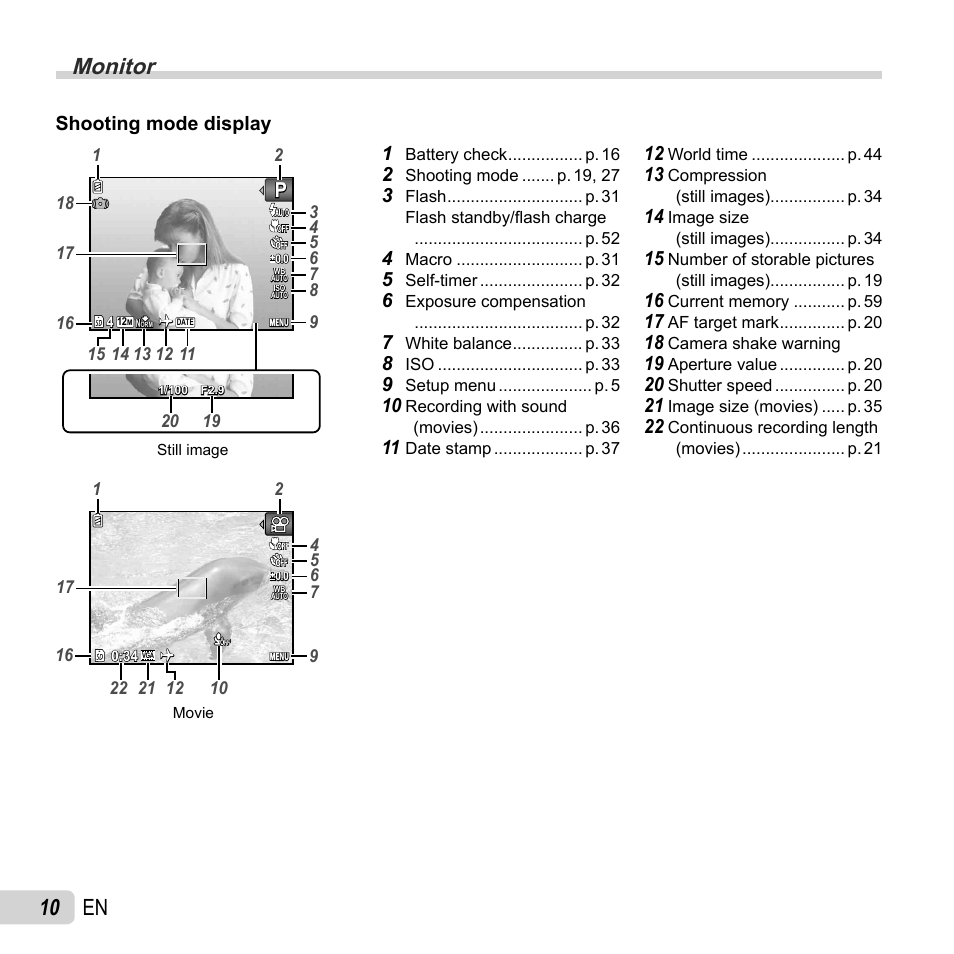 Monitor, 10 en, Shooting mode display | Olympus VG-110 User Manual | Page 10 / 74