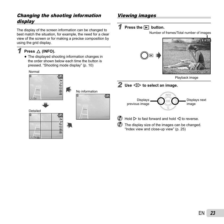 23 en, Changing the shooting information display, Viewing images | Press f (info), Press the q button, Use hi to select an image | Olympus VG-110 User Manual | Page 23 / 74