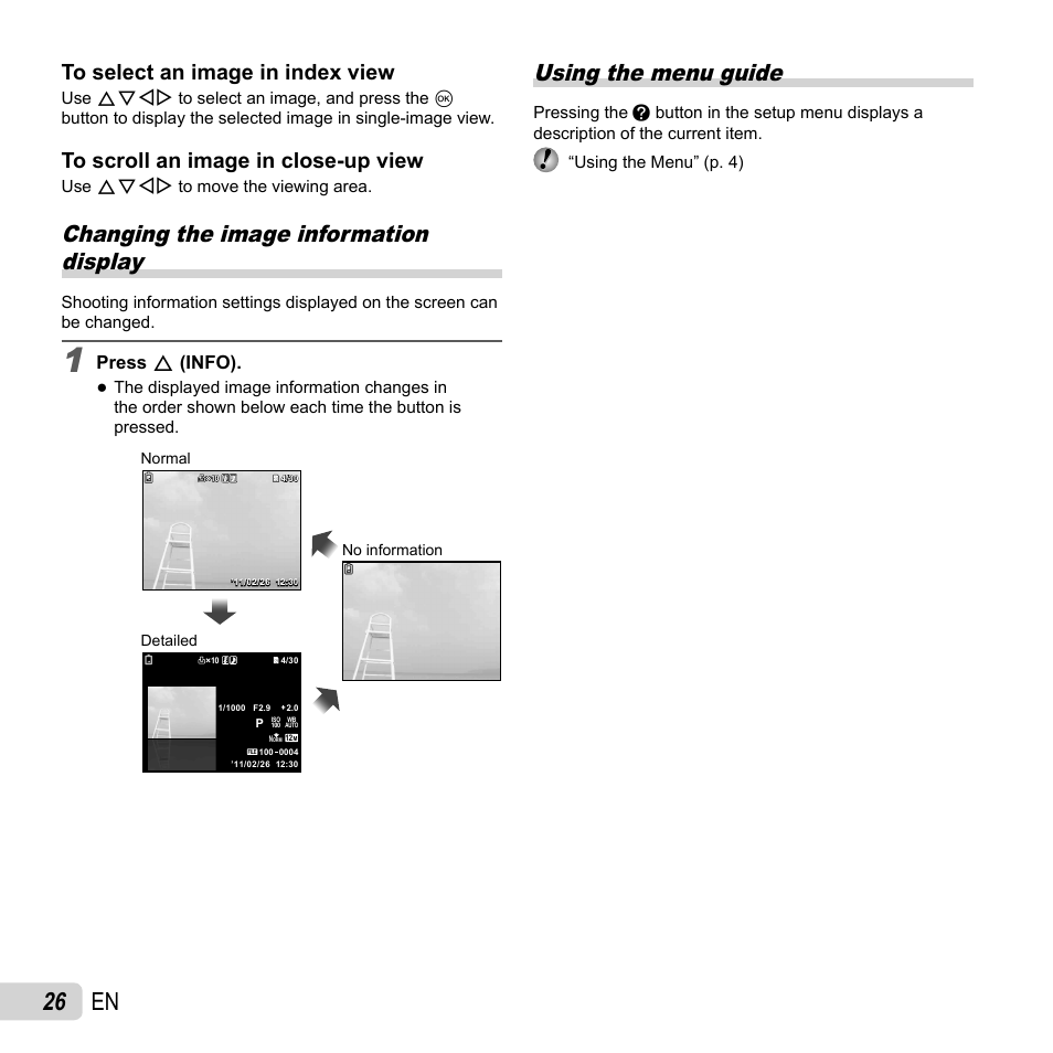26 en, Changing the image information display, Using the menu guide | Press f (info) | Olympus VG-110 User Manual | Page 26 / 74