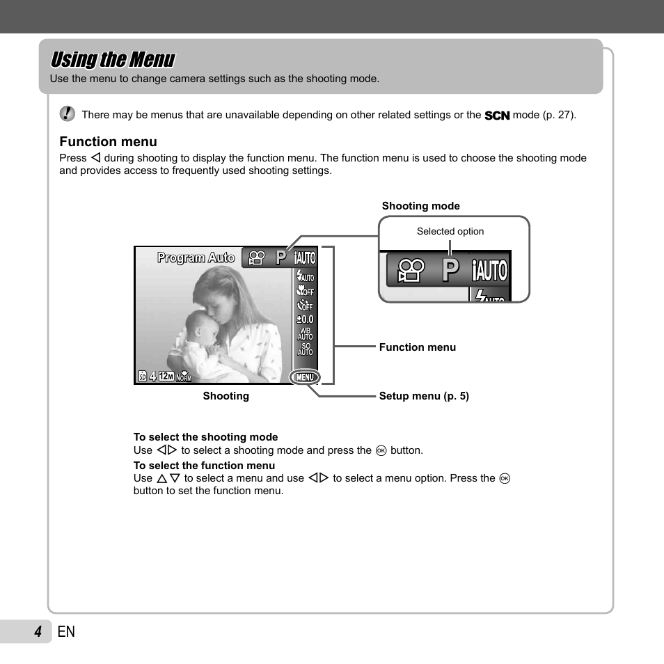 Using the menu, 4 en | Olympus VG-110 User Manual | Page 4 / 74