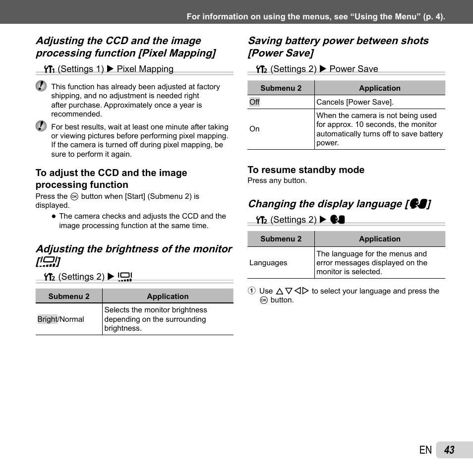 43 en, Changing the display language, Changing the display language [ w w | Olympus VG-110 User Manual | Page 43 / 74