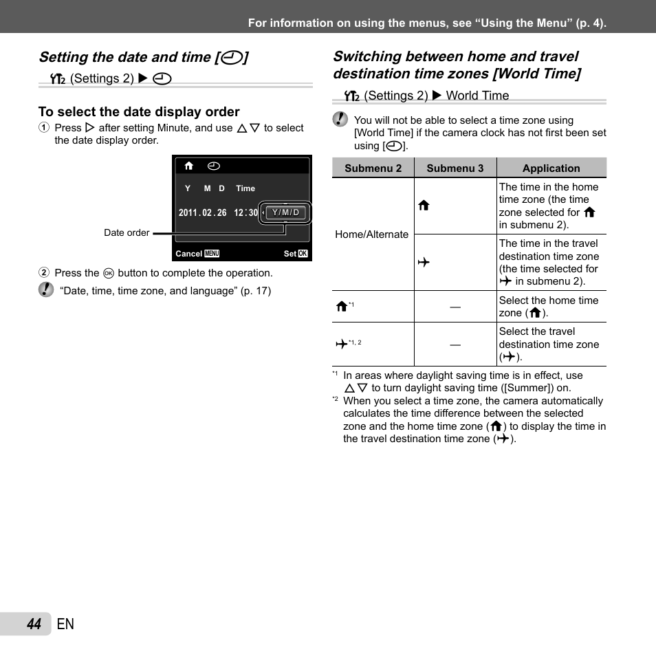 44 en, Setting the date and time, Setting the date and time [ x x | Olympus VG-110 User Manual | Page 44 / 74