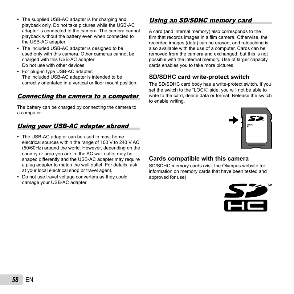 58 en, Connecting the camera to a computer, Using your usb-ac adapter abroad | Olympus VG-110 User Manual | Page 58 / 74