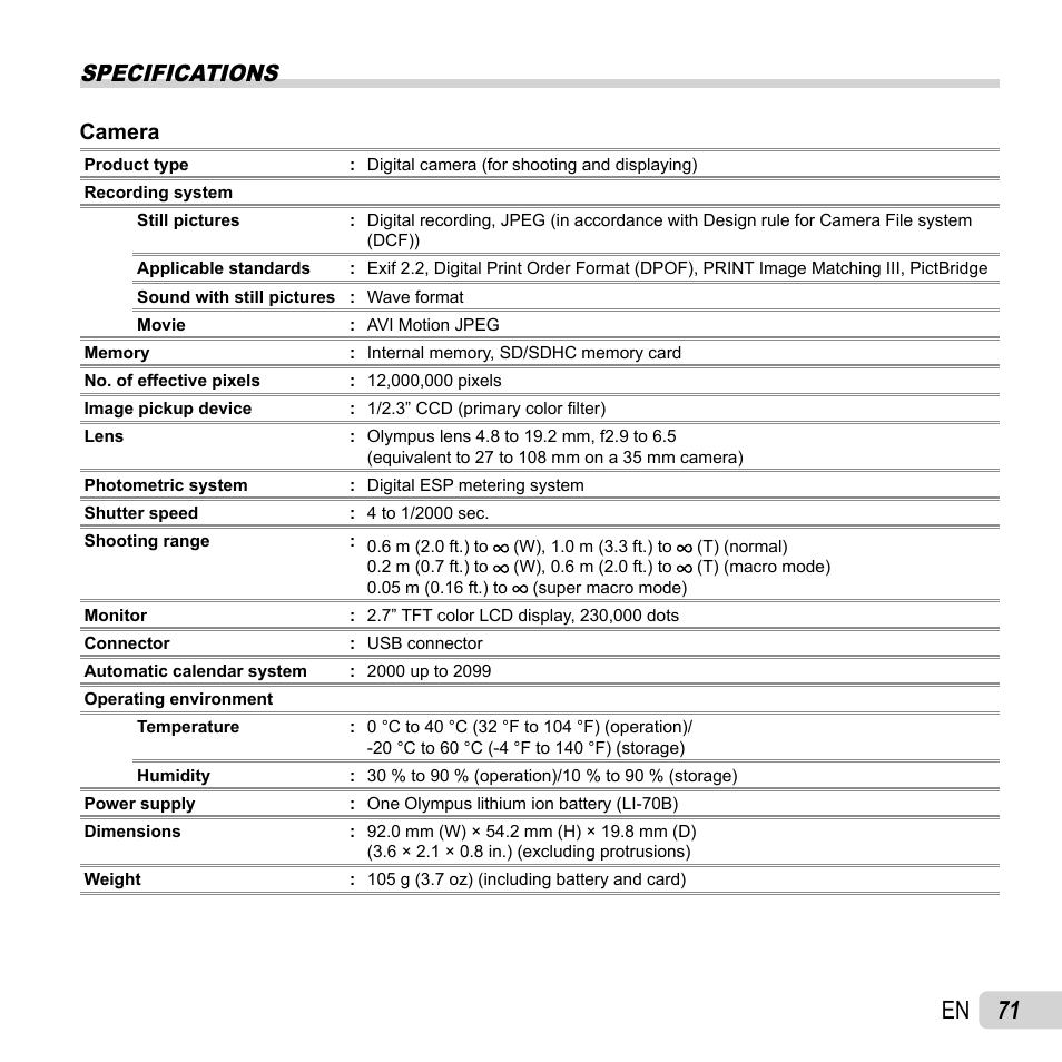 71 en, Specifications | Olympus VG-110 User Manual | Page 71 / 74