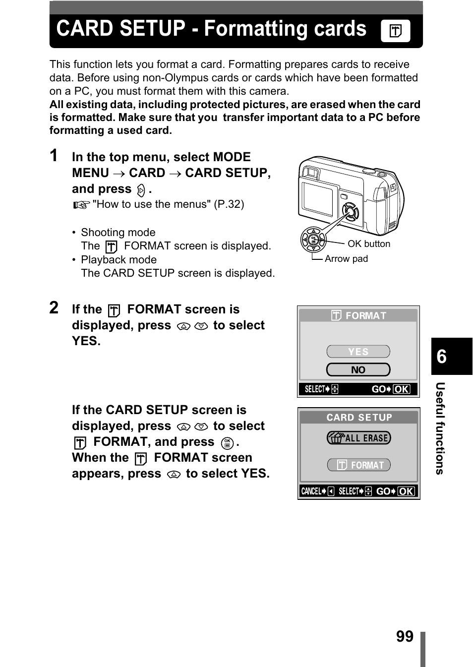 Card setup - formatting cards, P.99 | Olympus D-560 Zoom User Manual | Page 100 / 171