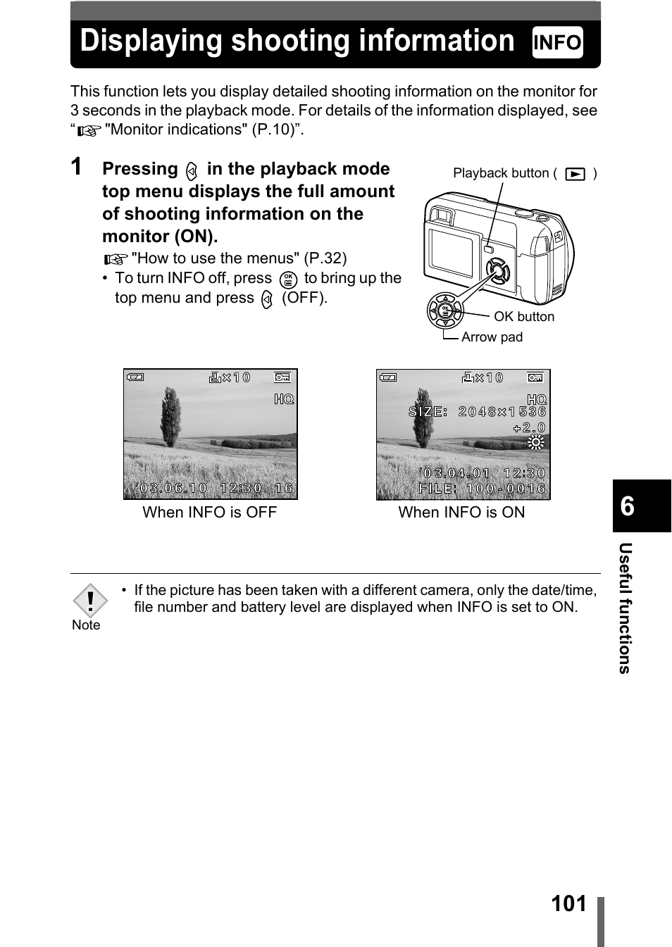 Displaying shooting information, Displaying shooting information" (p.101), P.101 | Olympus D-560 Zoom User Manual | Page 102 / 171