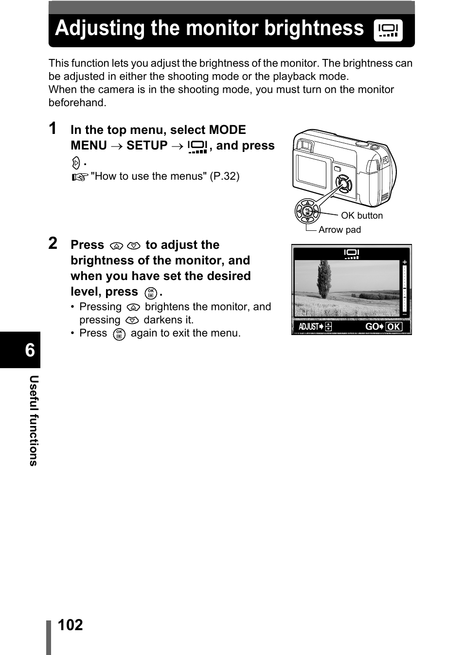 Adjusting the monitor brightness, P.102 | Olympus D-560 Zoom User Manual | Page 103 / 171