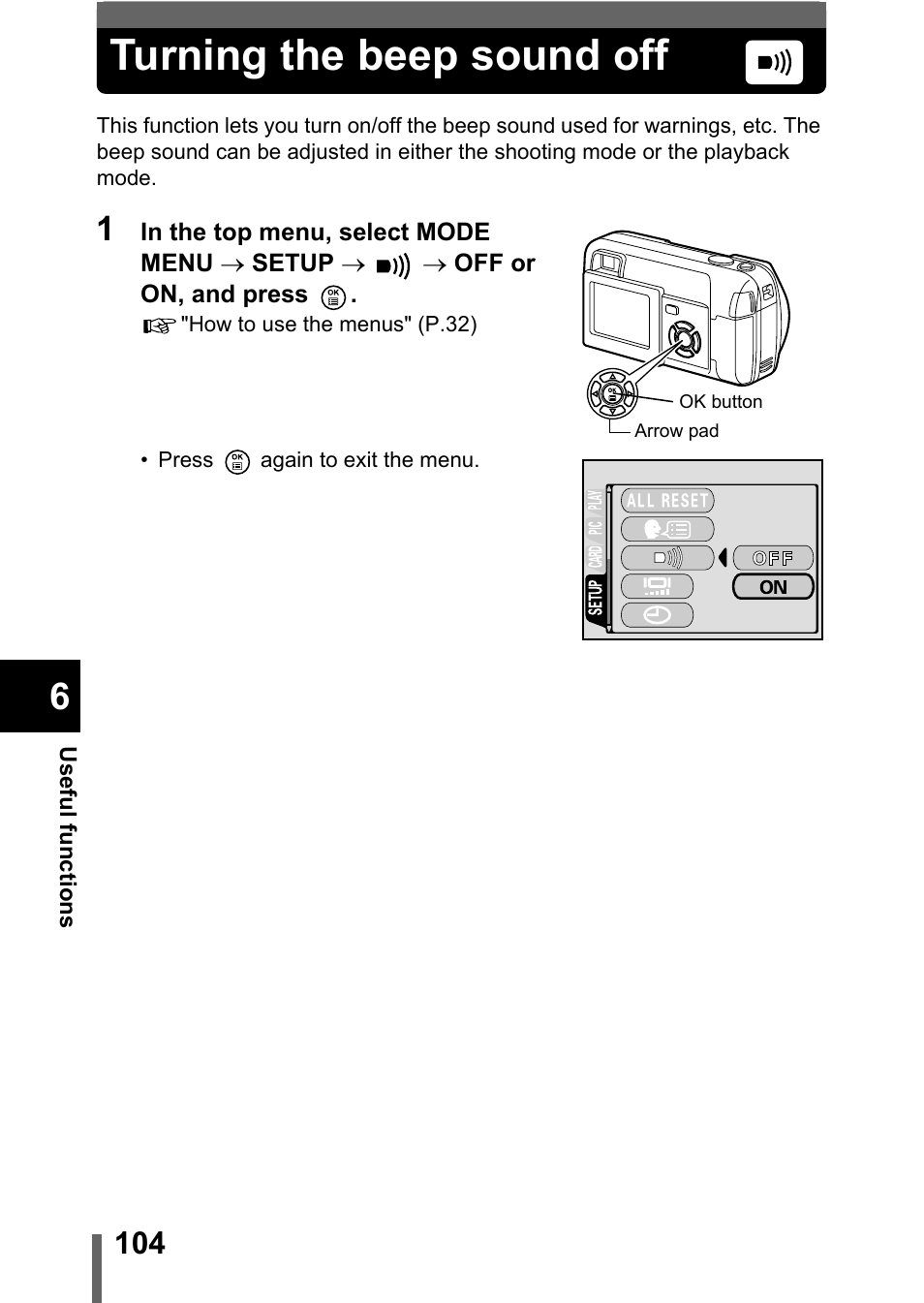 Turning the beep sound off, P.104 | Olympus D-560 Zoom User Manual | Page 105 / 171