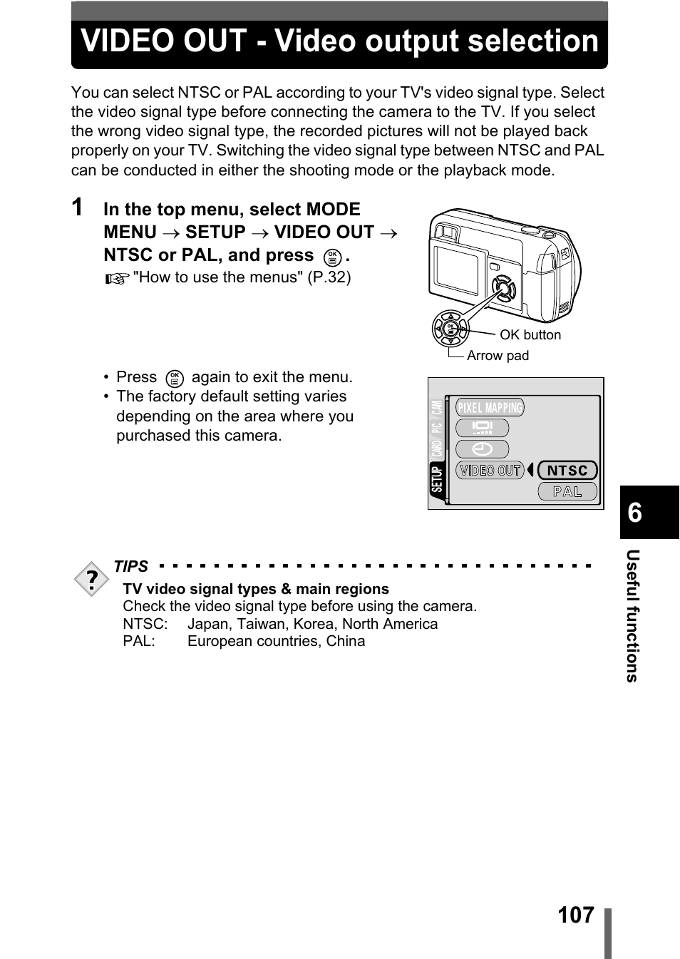 Video out - video output selection, P.107 | Olympus D-560 Zoom User Manual | Page 108 / 171