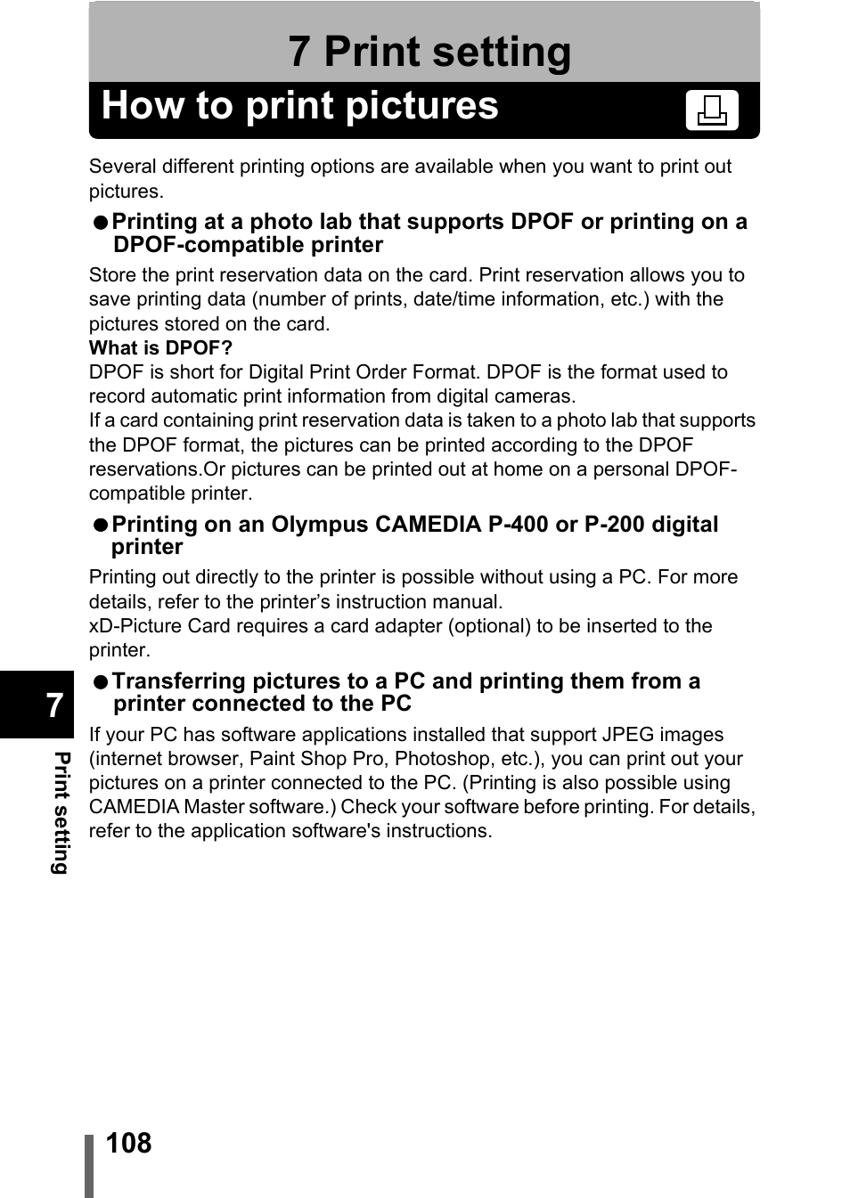 7 print setting, How to print pictures, P.108 | Print setting | Olympus D-560 Zoom User Manual | Page 109 / 171