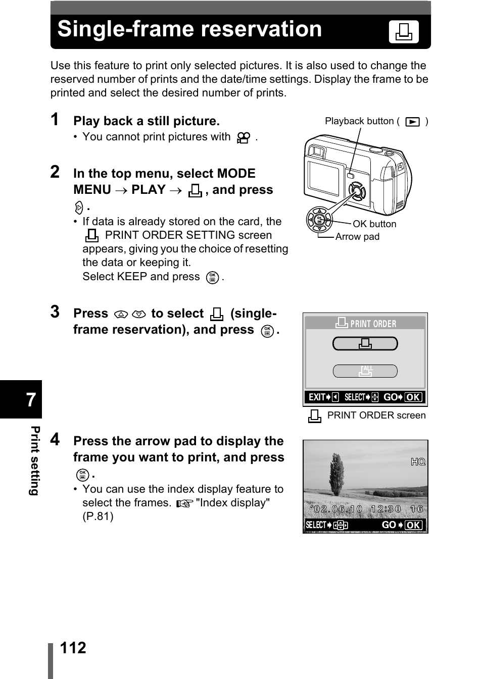 Single-frame reservation | Olympus D-560 Zoom User Manual | Page 113 / 171