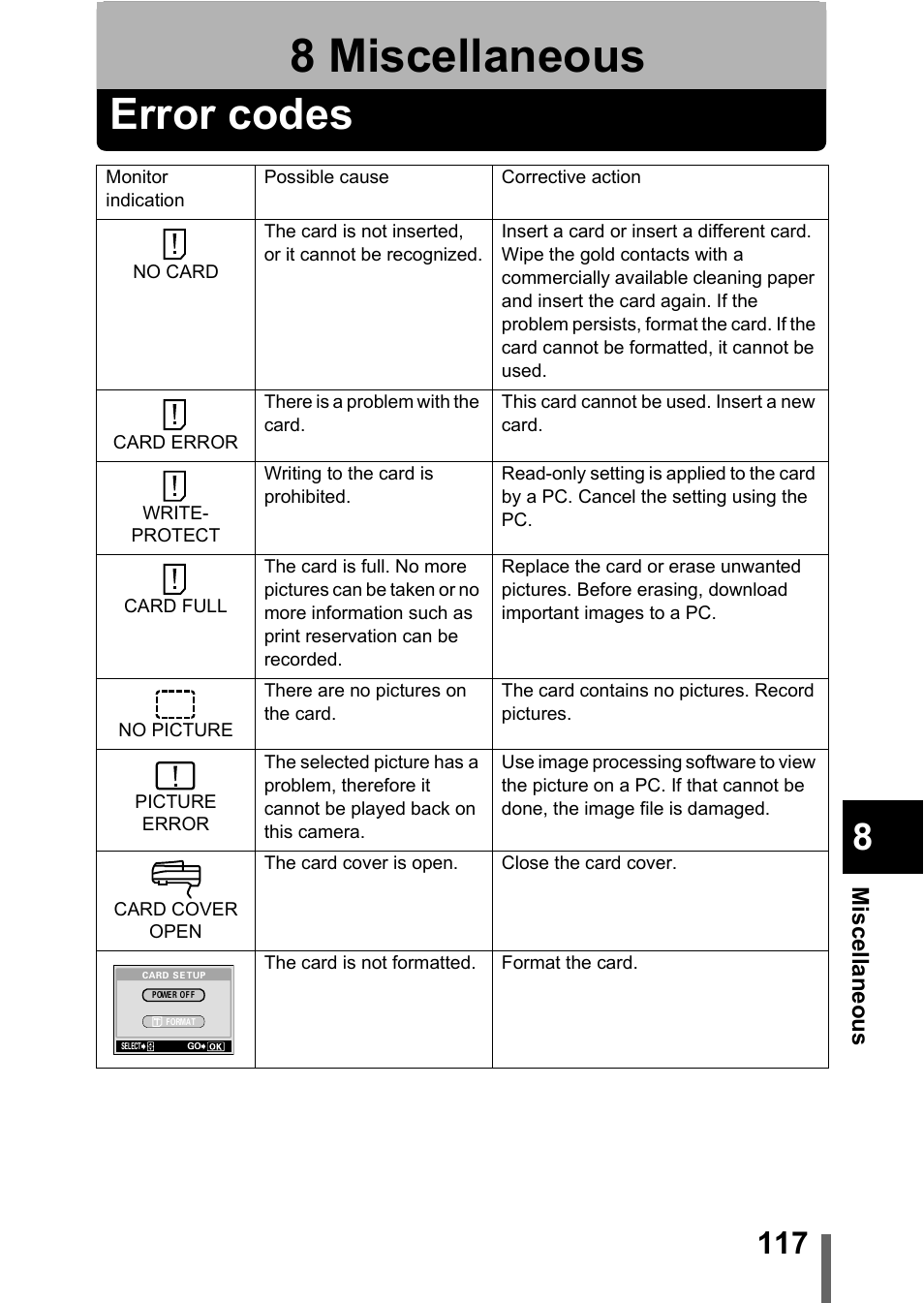 8 miscellaneous, Error codes, Miscellaneous | P.117 | Olympus D-560 Zoom User Manual | Page 118 / 171