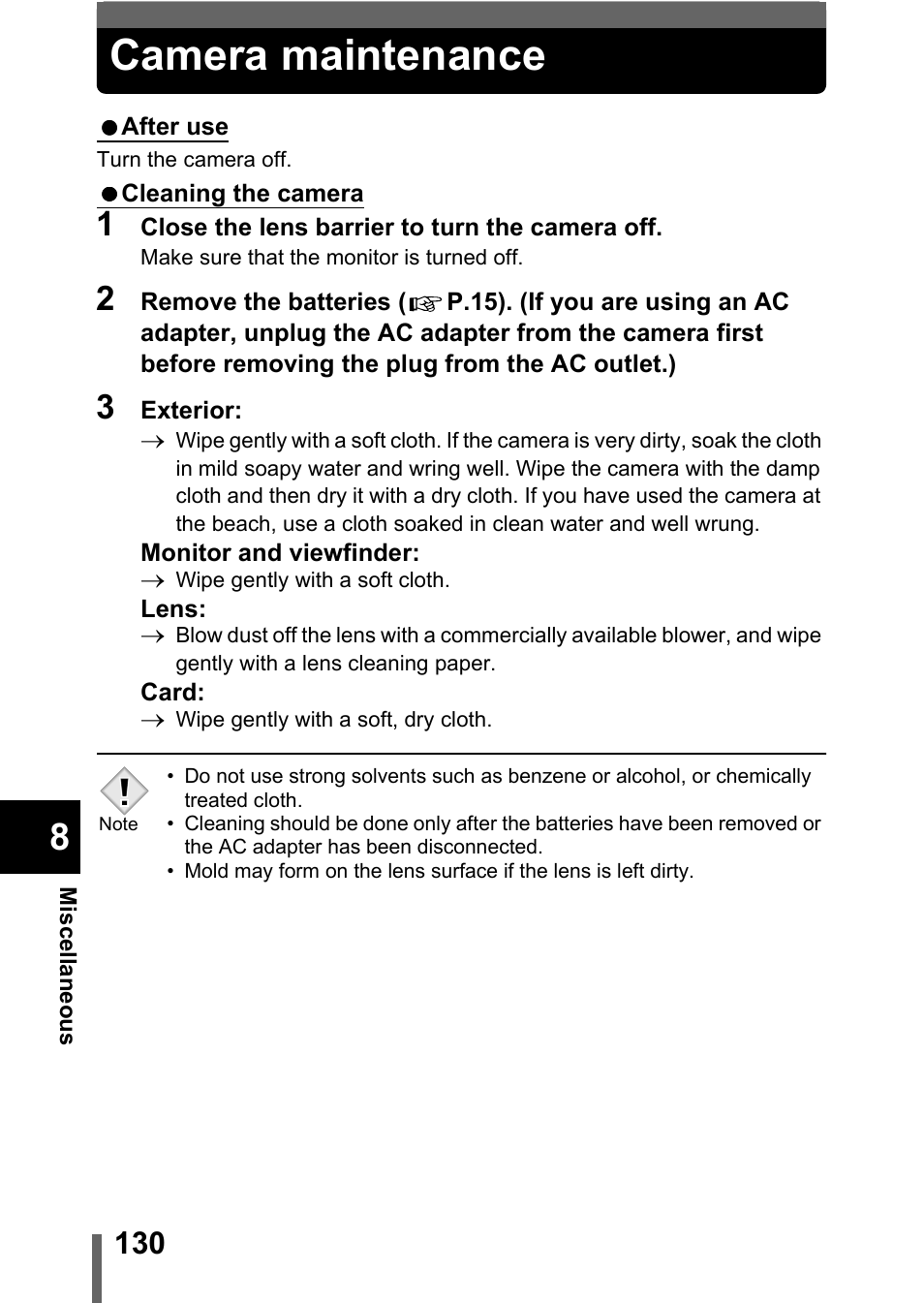 Camera maintenance | Olympus D-560 Zoom User Manual | Page 131 / 171