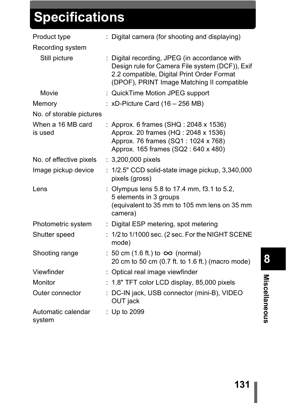 Specifications, P.131 | Olympus D-560 Zoom User Manual | Page 132 / 171