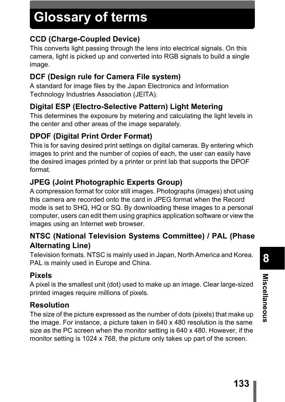 Glossary of terms, P.133 | Olympus D-560 Zoom User Manual | Page 134 / 171