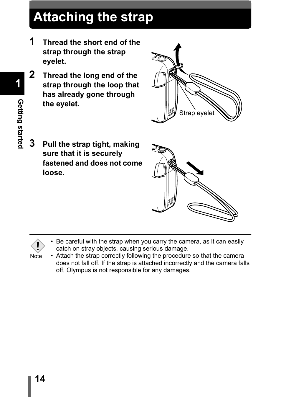 Attaching the strap, P.14 | Olympus D-560 Zoom User Manual | Page 15 / 171