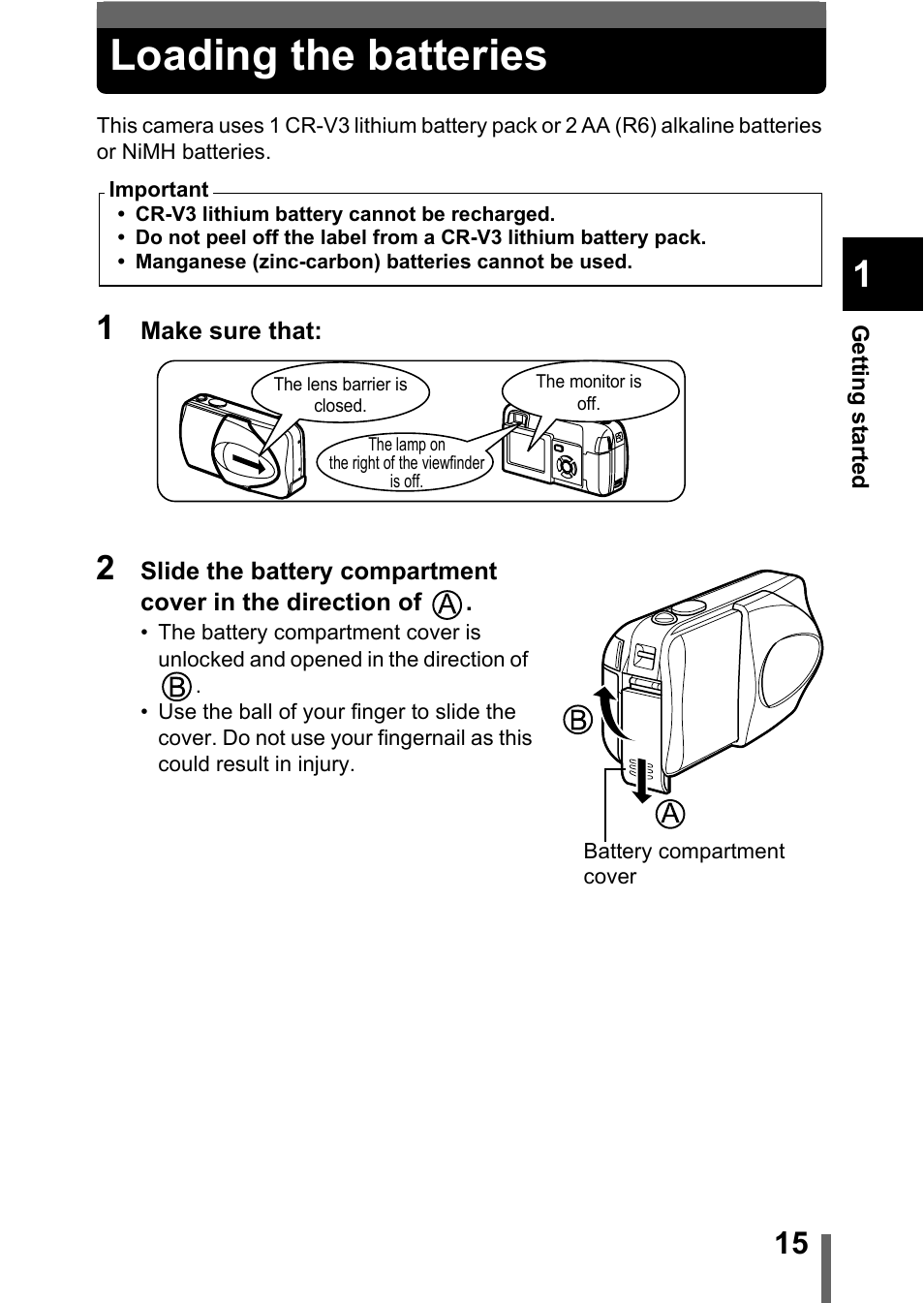 Loading the batteries, P.15 | Olympus D-560 Zoom User Manual | Page 16 / 171