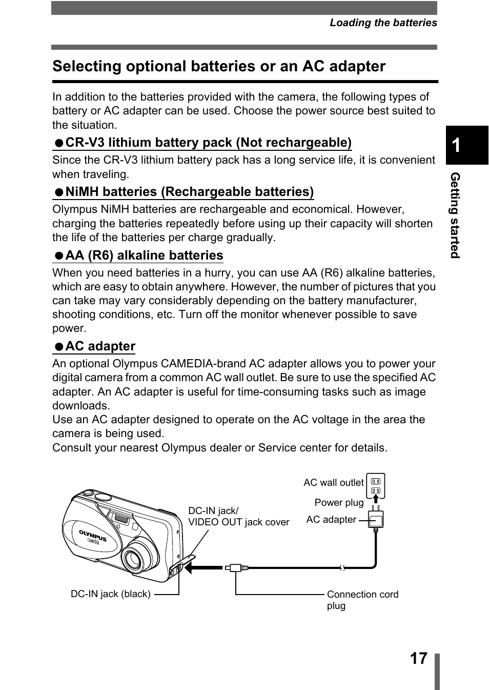 Selecting optional batteries or an ac adapter, P.17 | Olympus D-560 Zoom User Manual | Page 18 / 171