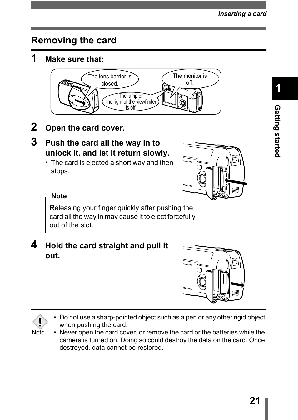 Removing the card | Olympus D-560 Zoom User Manual | Page 22 / 171