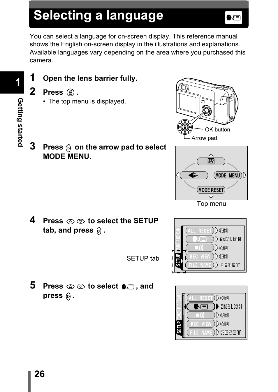 Selecting a language, Setting the date and time, P.26 | Olympus D-560 Zoom User Manual | Page 27 / 171
