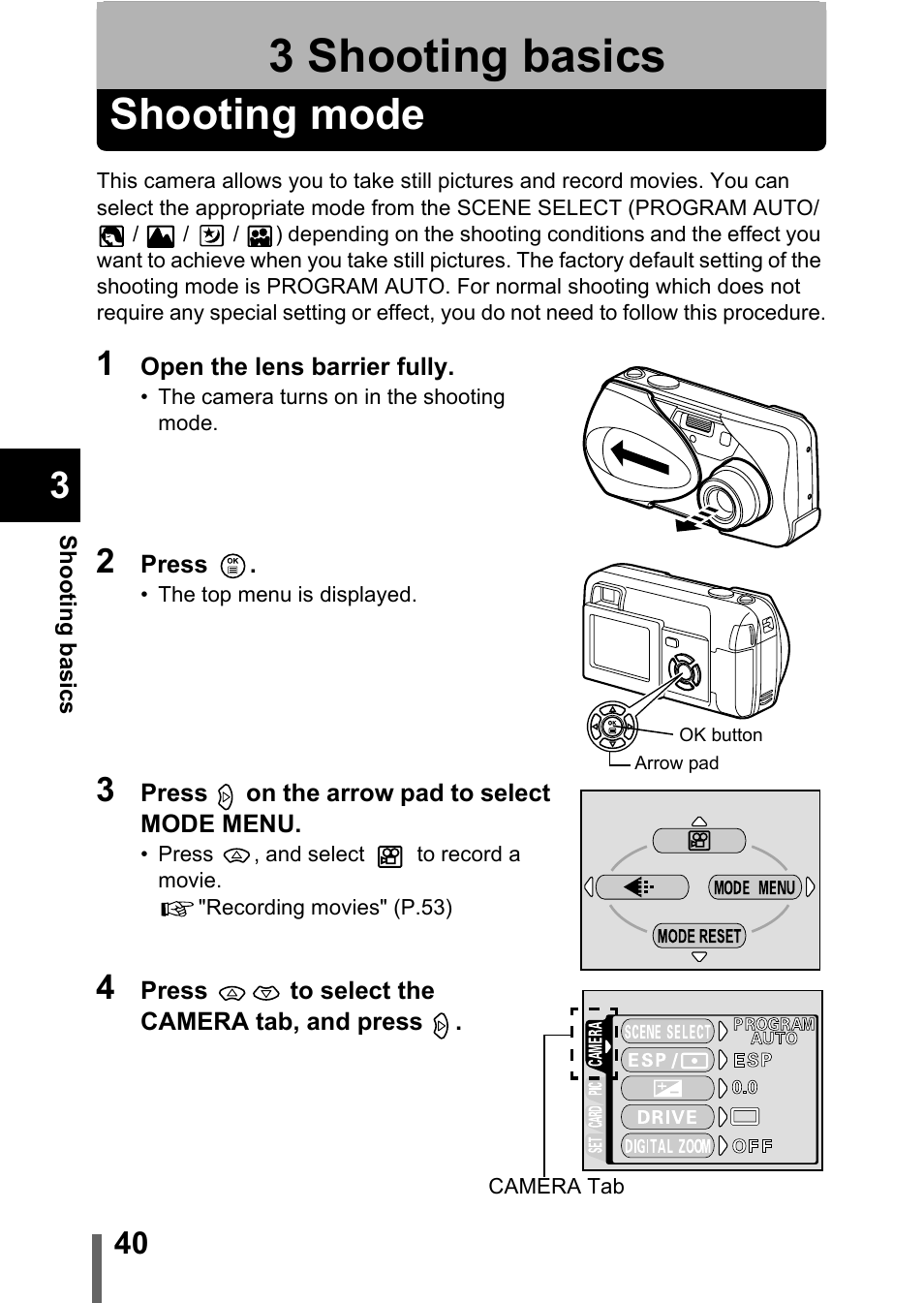 3 shooting basics, Shooting mode, Shooting basics | P.40 | Olympus D-560 Zoom User Manual | Page 41 / 171