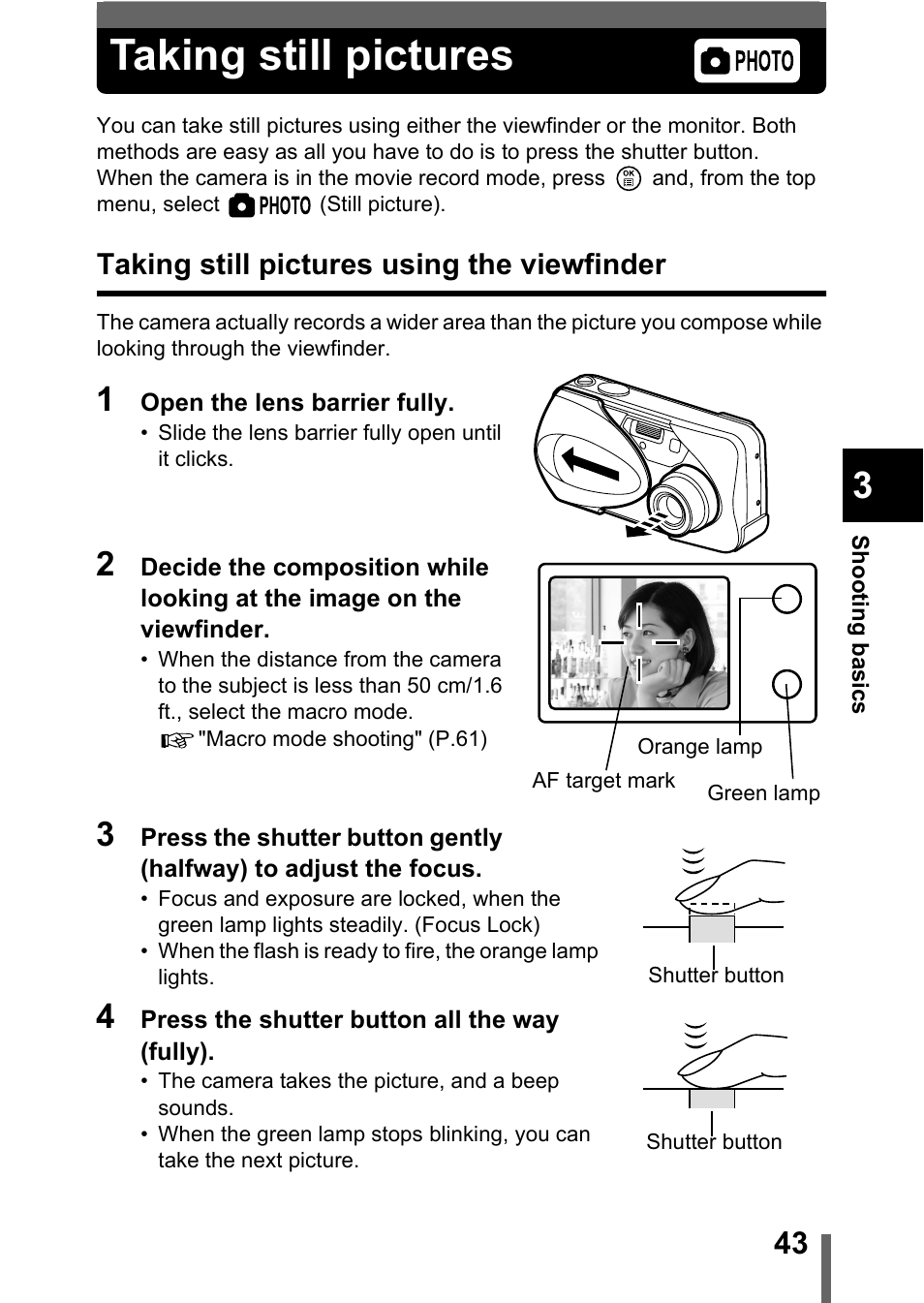 Taking still pictures, Taking still pictures using the viewfinder, P.43 | Olympus D-560 Zoom User Manual | Page 44 / 171