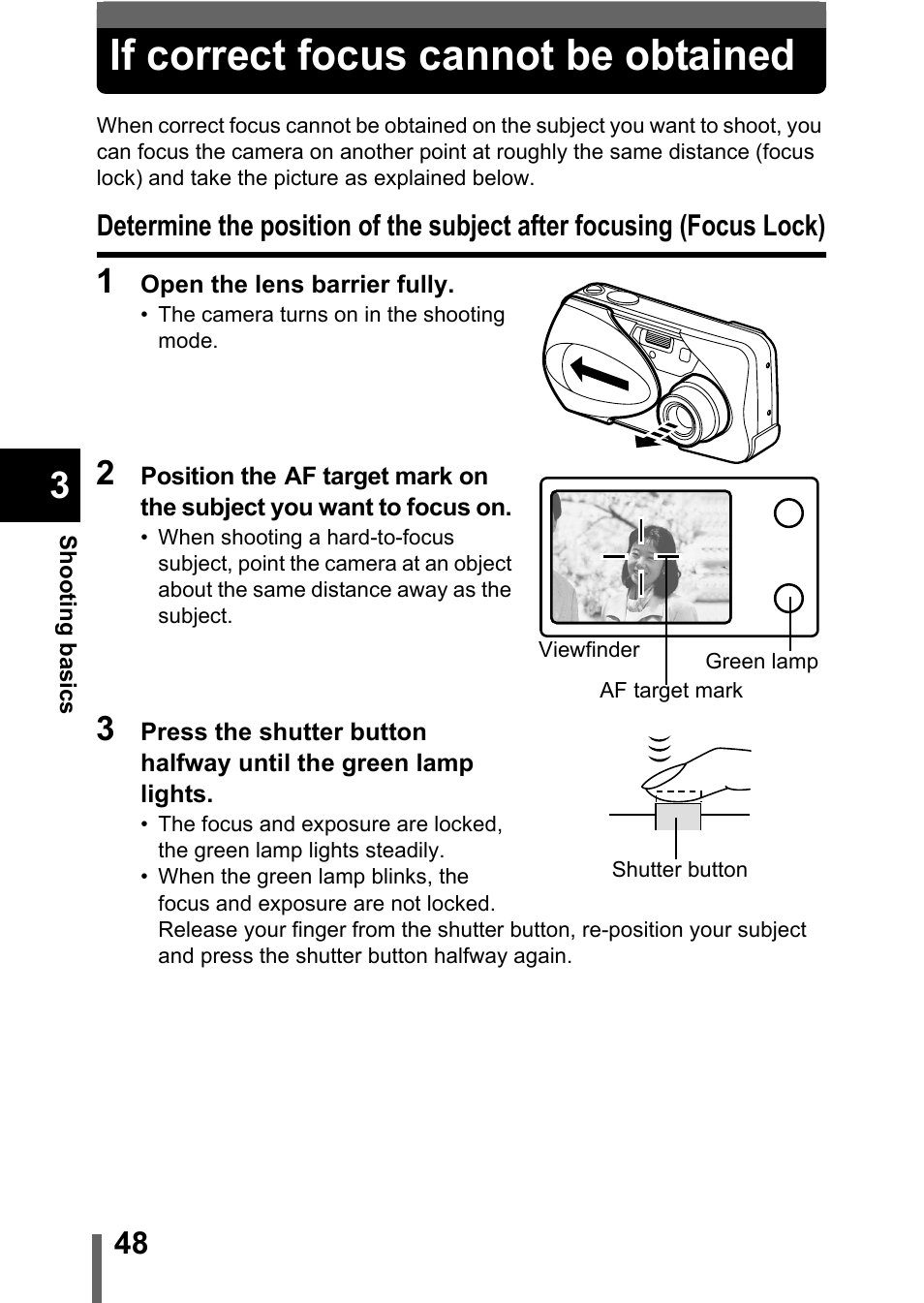 If correct focus cannot be obtained, Focus lock), If correct focus cannot be obtained" (p.48) | Olympus D-560 Zoom User Manual | Page 49 / 171