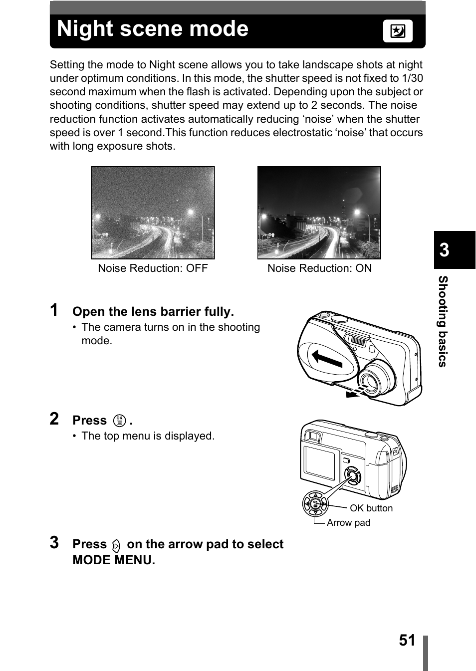 Night scene mode, Night scene, Mode" (p.51) | Olympus D-560 Zoom User Manual | Page 52 / 171