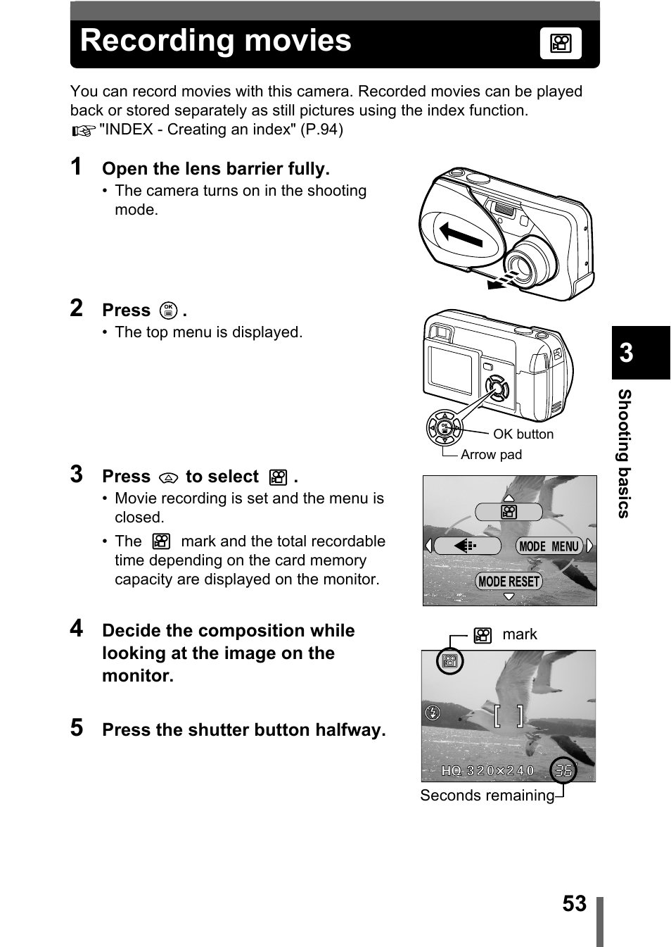 Recording movies, P.53 | Olympus D-560 Zoom User Manual | Page 54 / 171