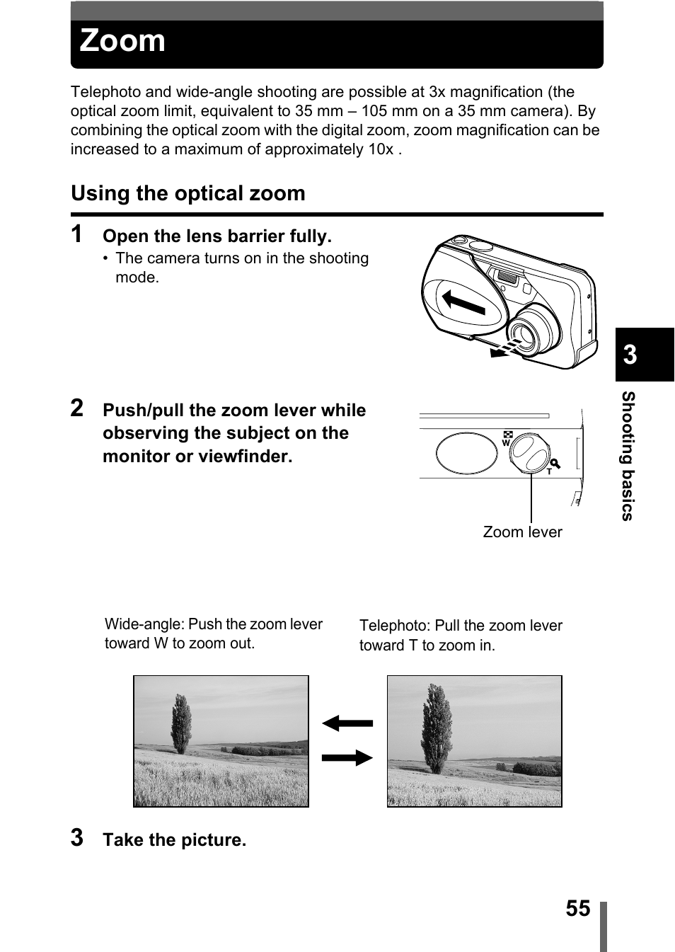 Zoom, Using the optical zoom, P.55 | Olympus D-560 Zoom User Manual | Page 56 / 171