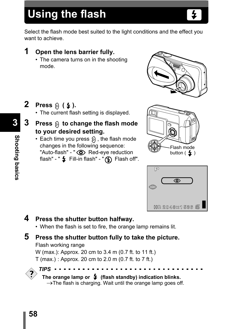 Using the flash, P.58 | Olympus D-560 Zoom User Manual | Page 59 / 171