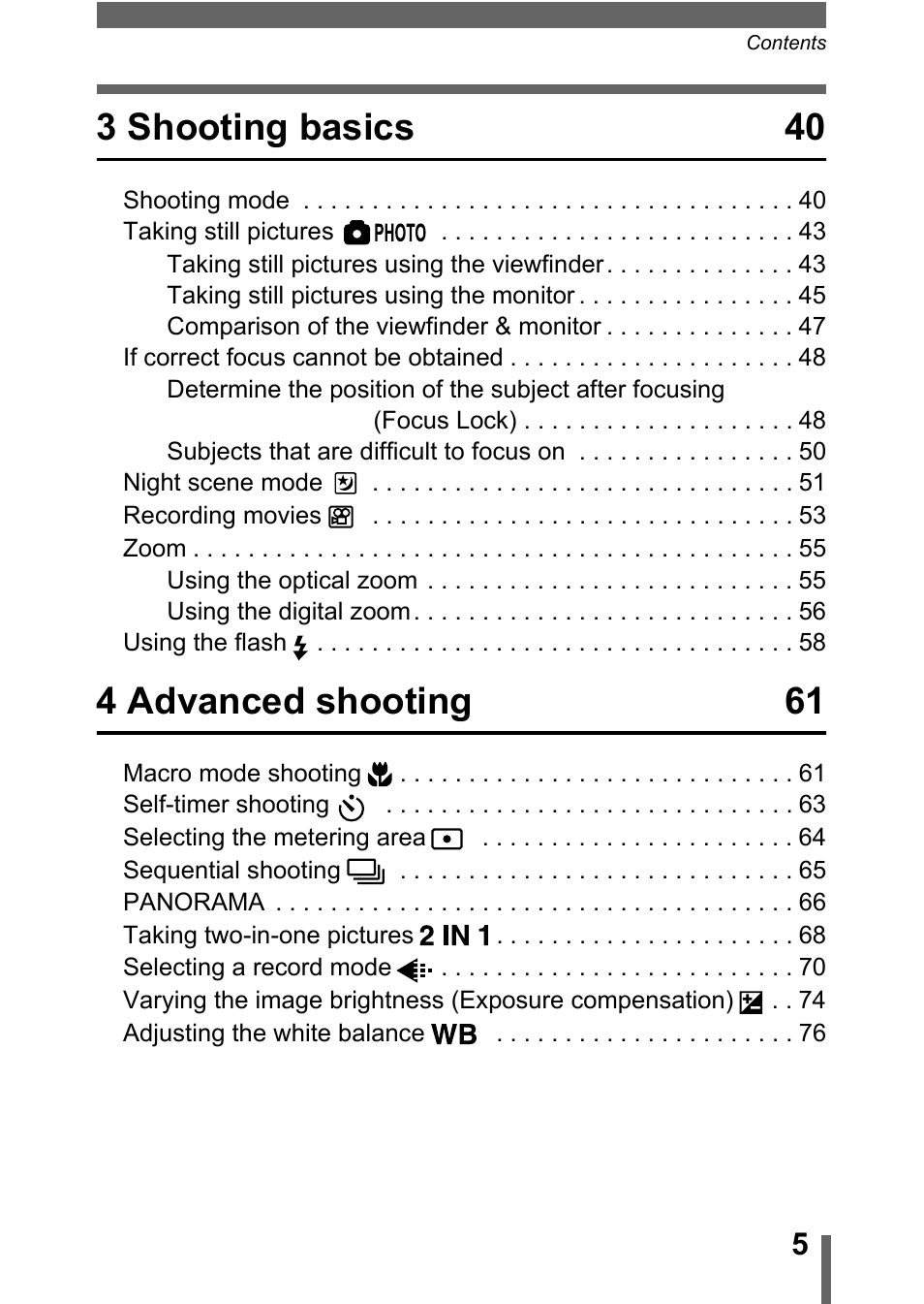 3 shooting basics 40, 4 advanced shooting 61 | Olympus D-560 Zoom User Manual | Page 6 / 171