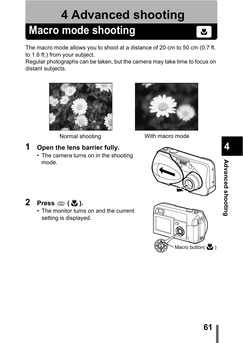 4 advanced shooting, Macro mode shooting, Advanced shooting | P.61, Macro mode shooting" (p.61) | Olympus D-560 Zoom User Manual | Page 62 / 171