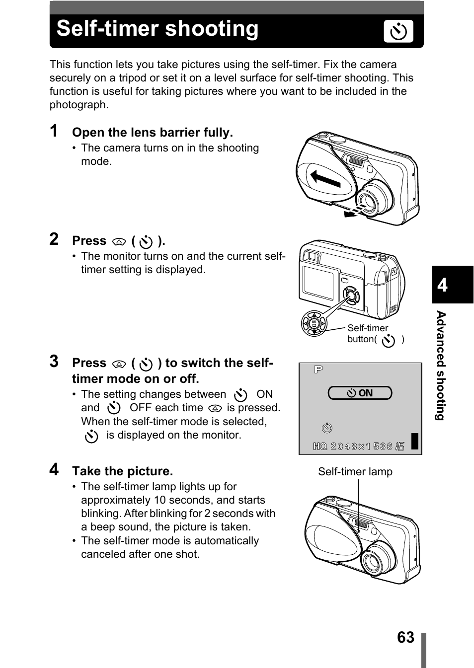 Self-timer shooting, P.63 | Olympus D-560 Zoom User Manual | Page 64 / 171
