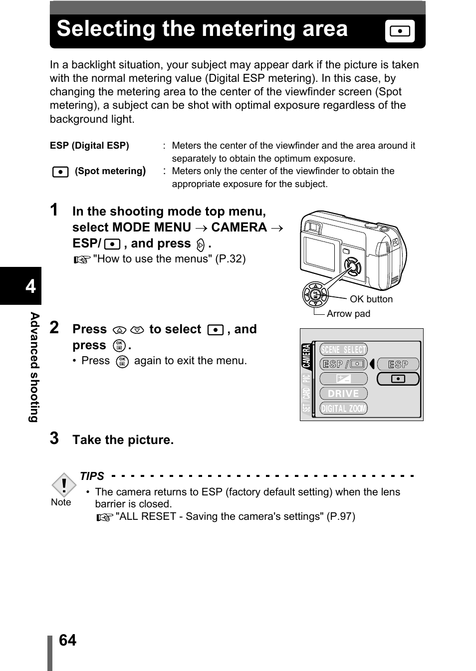 Selecting the metering area, P.64 | Olympus D-560 Zoom User Manual | Page 65 / 171