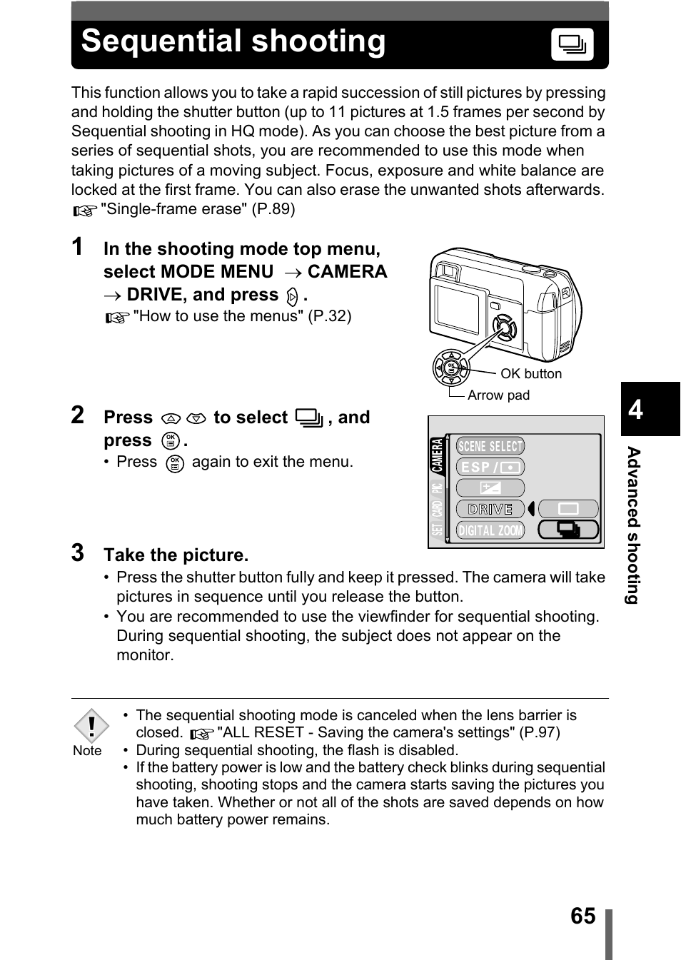 Sequential shooting, P.65 | Olympus D-560 Zoom User Manual | Page 66 / 171